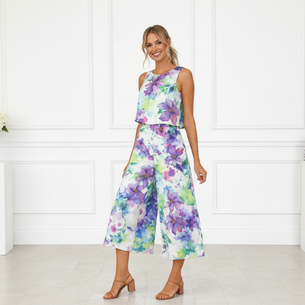 Spandex Floral Print Crop Top & Pant Co-Ord Set for Women