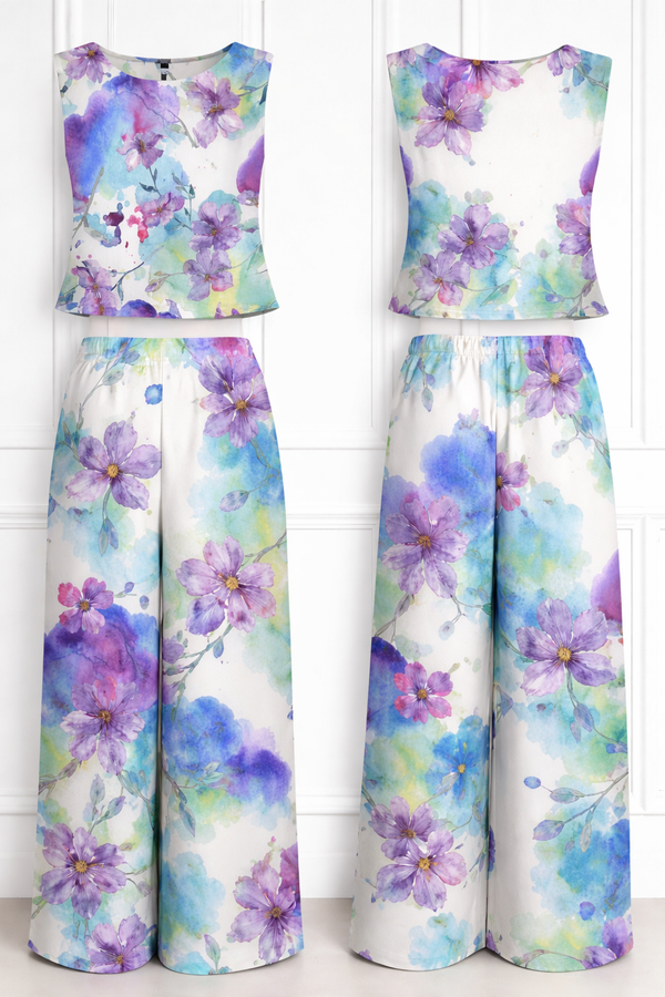 Spandex Floral Print Crop Top & Pant Co-Ord Set for Women
