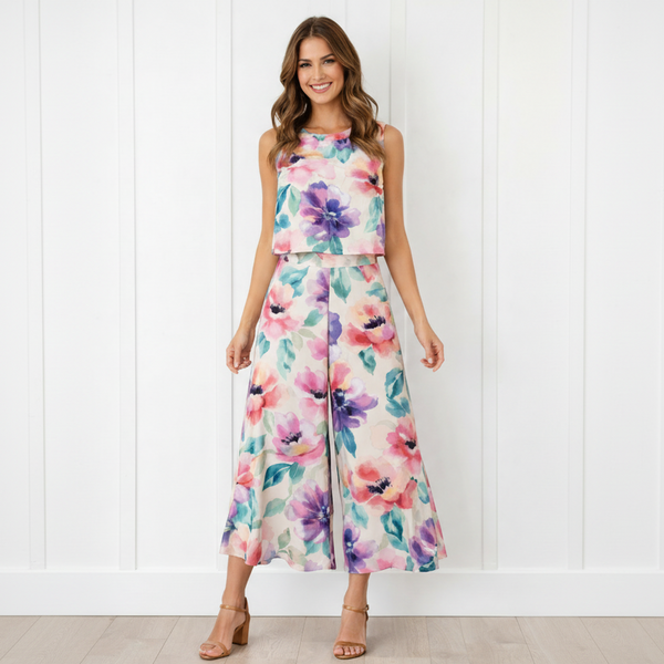 Spandex Floral Print Crop Top & Pant Co-Ord Set for Women