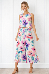 Spandex Floral Print Crop Top & Pant Co-Ord Set for Women