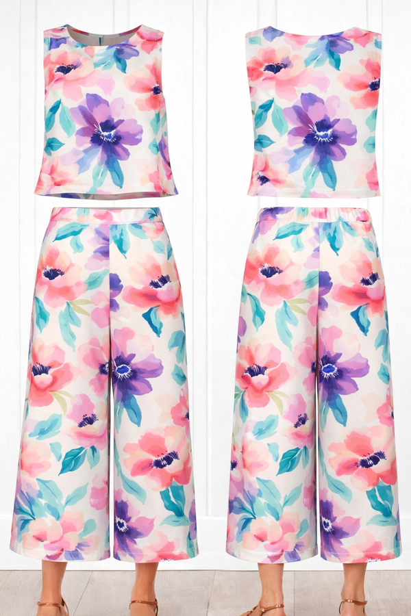 Spandex Floral Print Crop Top & Pant Co-Ord Set for Women