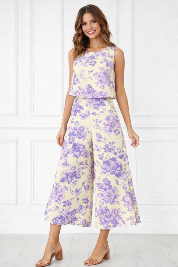 Spandex Floral Print Crop Top & Pant Co-Ord Set for Women