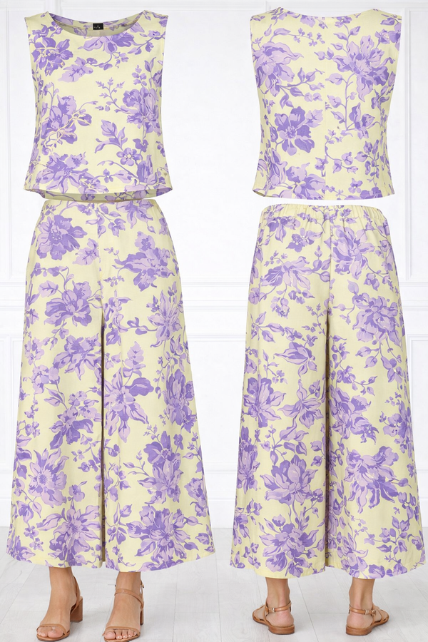 Spandex Floral Print Crop Top & Pant Co-Ord Set for Women