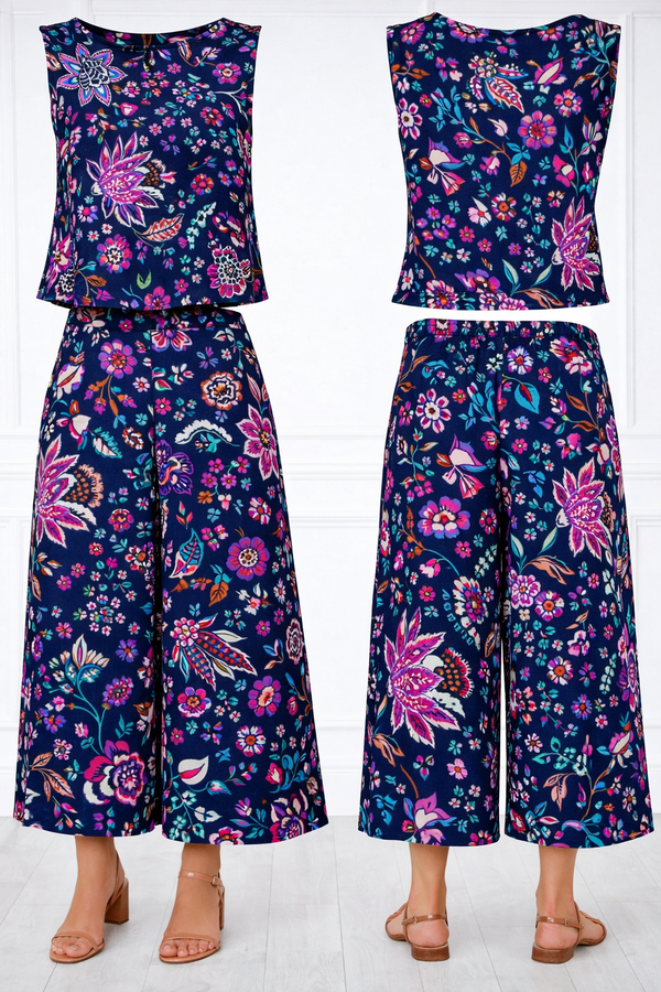 Spandex Floral Print Crop Top & Pant Co-Ord Set for Women