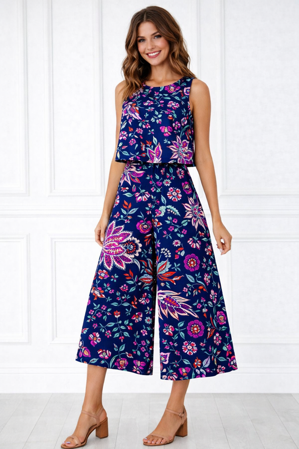 Spandex Floral Print Crop Top & Pant Co-Ord Set for Women