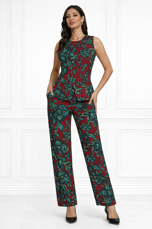 Spandex Floral Print Jacket & Pant Co-Ord Set for Women