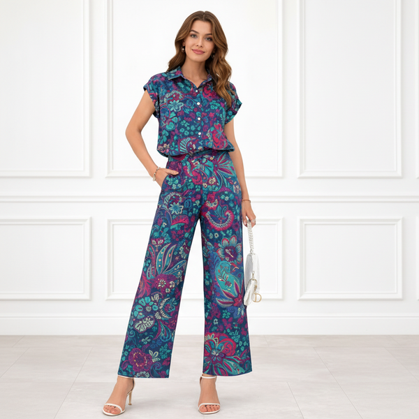 Women’s Floral Printed Spandex Short Sleeve Shirt & Pant Co-Ord Set 🌺