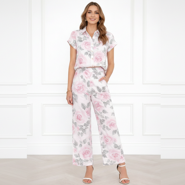 Women’s Floral Printed Spandex Short Sleeve Shirt & Pant Co-Ord Set 🌺