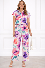 Women’s Floral Printed Spandex Short Sleeve Shirt & Pant Co-Ord Set 🌺