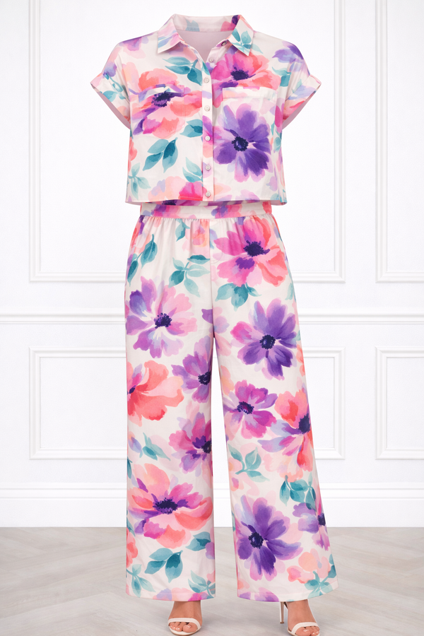 Women’s Floral Printed Spandex Short Sleeve Shirt & Pant Co-Ord Set 🌺