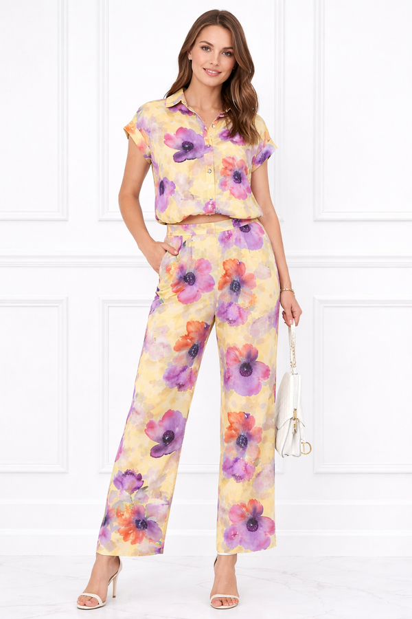 Women’s Floral Printed Spandex Short Sleeve Shirt & Pant Co-Ord Set 🌺