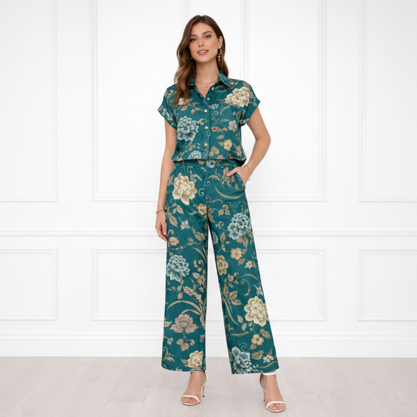 Women Printed Short Sleeve Spandex Shirt & Pant Co-Ord Set