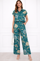 Women Printed Short Sleeve Spandex Shirt & Pant Co-Ord Set