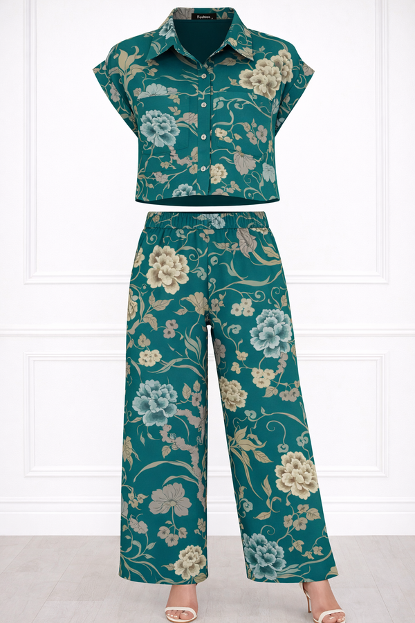Women Printed Short Sleeve Spandex Shirt & Pant Co-Ord Set