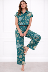 Women Printed Short Sleeve Spandex Shirt & Pant Co-Ord Set