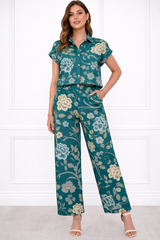 Women Printed Short Sleeve Spandex Shirt & Pant Co-Ord Set