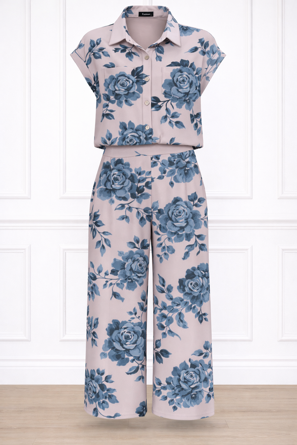 Women Printed Short Sleeve Spandex Shirt & Pant Co-Ord Set