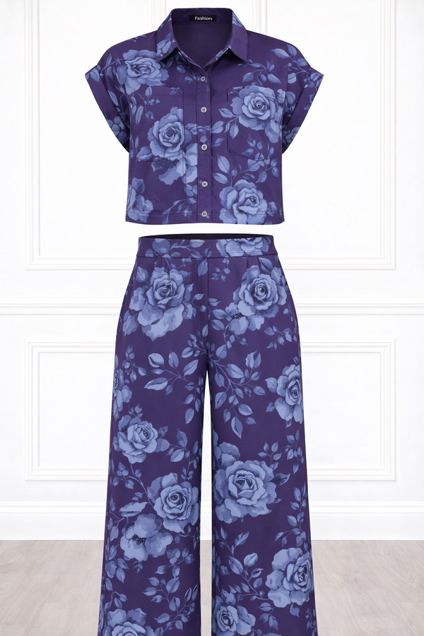 Women’s Floral Printed Spandex Short Sleeve Shirt & Pant Co-Ord Set 🌺