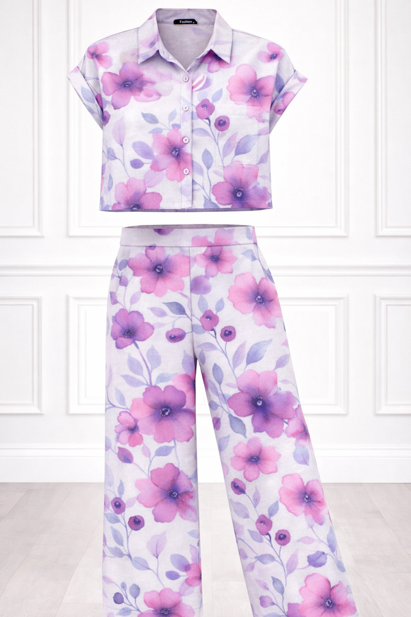 Women’s Floral Printed Spandex Short Sleeve Shirt & Pant Co-Ord Set 🌺