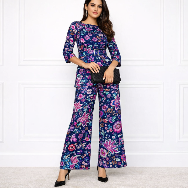 🌸 Women’s Spandex Floral Printed Boat Neck Top & Pant Co-Ord Set 🌸