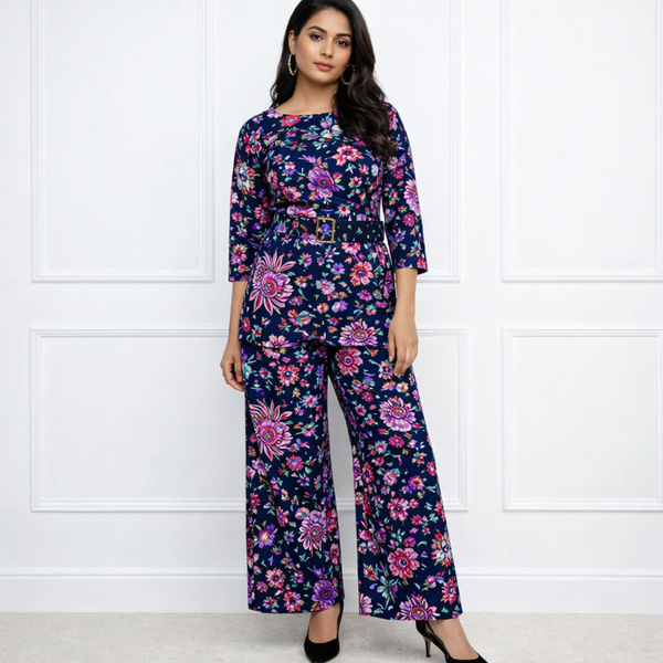 🌸 Women’s Spandex Floral Printed Boat Neck Top & Pant Co-Ord Set 🌸