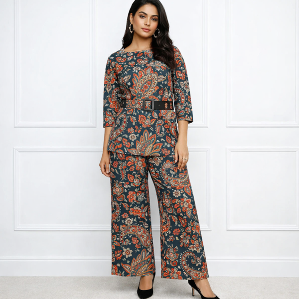 🌸 Women’s Spandex Floral Printed Boat Neck Top & Pant Co-Ord Set 🌸
