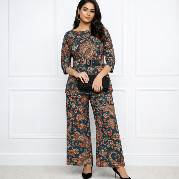 🌸 Women’s Spandex Floral Printed Boat Neck Top & Pant Co-Ord Set 🌸