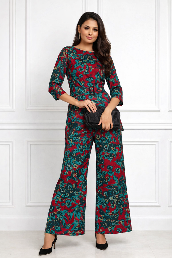 🌸 Women’s Spandex Floral Printed Boat Neck Top & Pant Co-Ord Set 🌸
