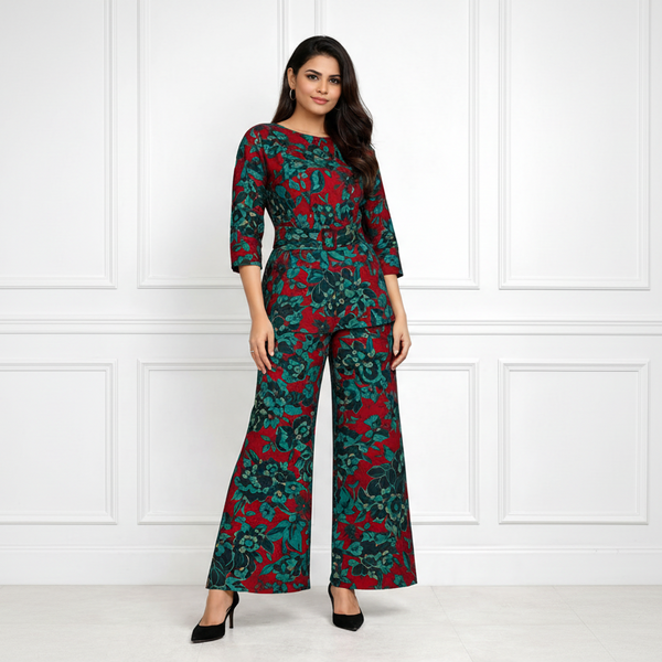 🌸 Women’s Spandex Floral Printed Boat Neck Top & Pant Co-Ord Set 🌸
