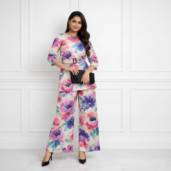 🌸 Women’s Floral Printed Spandex Top & Pant Co-Ord Set 🌸