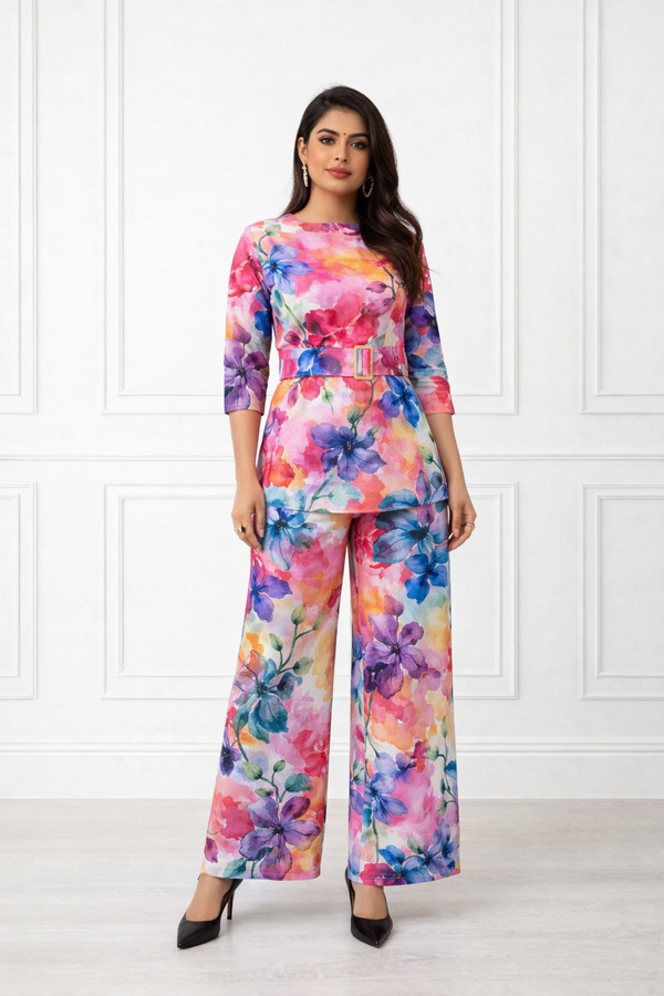 🌸 Women’s Floral Printed Spandex Top & Pant Co-Ord Set 🌸