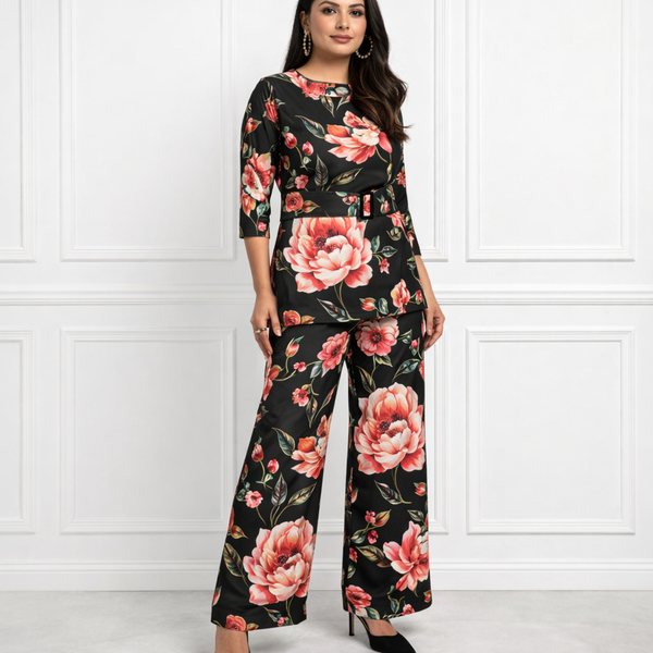 🌸 Women’s Floral Printed Spandex Top & Pant Co-Ord Set 🌸
