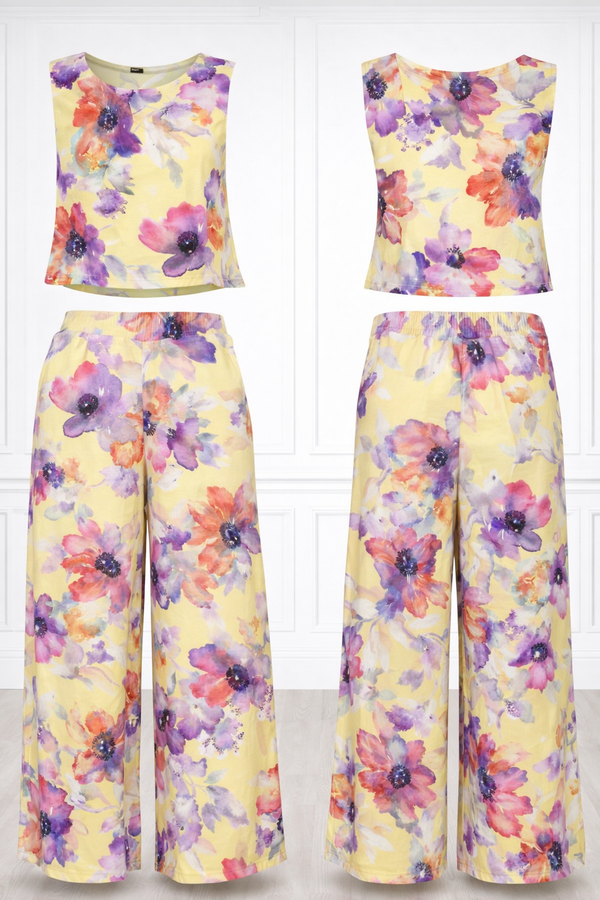 Spandex Floral Print Crop Top & Pant Co-Ord Set for Women