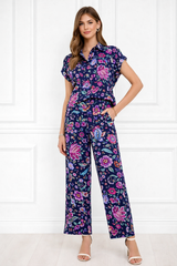 Women Printed Short Sleeve Spandex Shirt & Pant Co-Ord Set