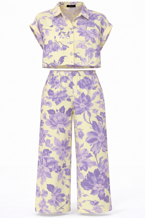 Women Printed Short Sleeve Spandex Shirt & Pant Co-Ord Set