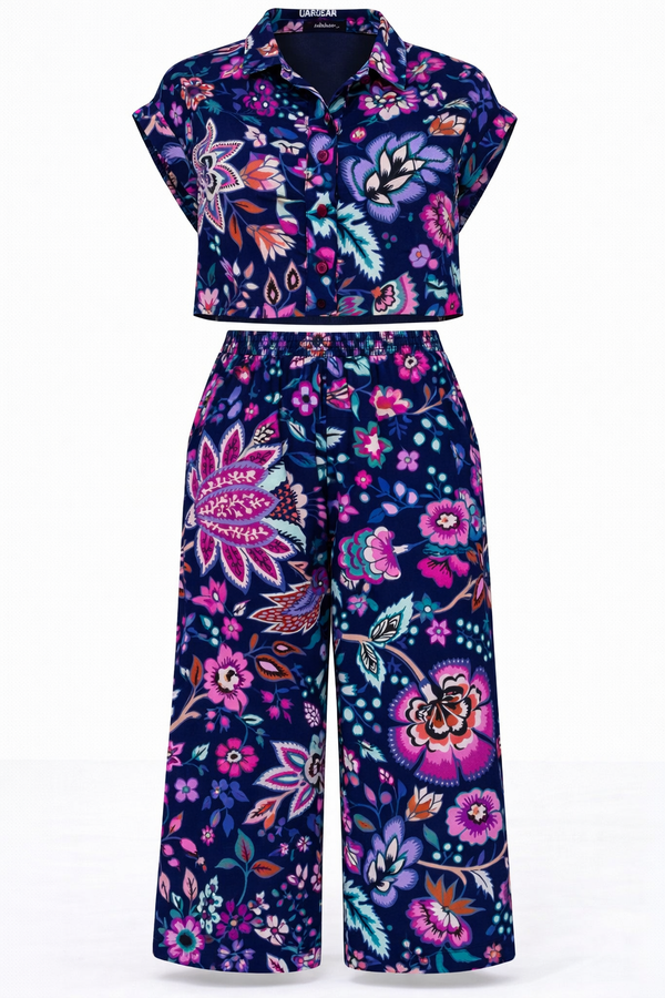 Women Printed Short Sleeve Spandex Shirt & Pant Co-Ord Set