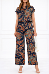 Women Printed Short Sleeve Spandex Shirt & Pant Co-Ord Set