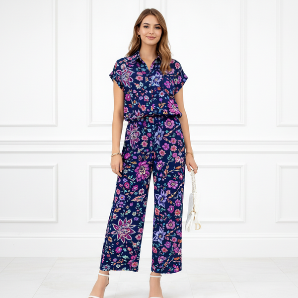 Women Printed Short Sleeve Spandex Shirt & Pant Co-Ord Set