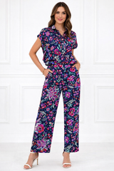 Women Printed Short Sleeve Spandex Shirt & Pant Co-Ord Set