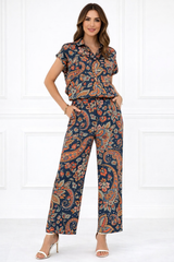 Women Printed Short Sleeve Spandex Shirt & Pant Co-Ord Set