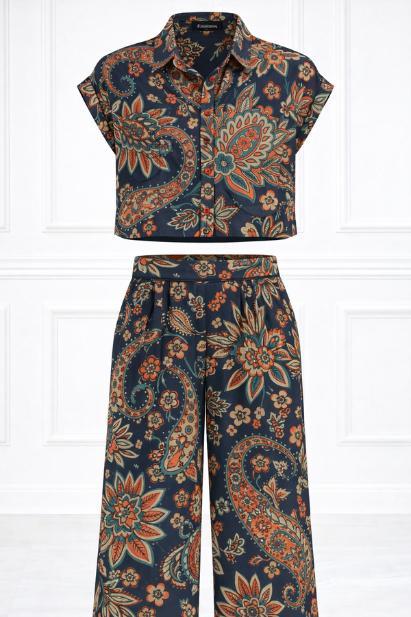 Women Printed Short Sleeve Spandex Shirt & Pant Co-Ord Set