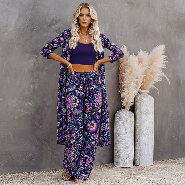 🌸 Women Floral Printed Spandex Shrug, Top & Pant – 3-Piece Co-Ord Set 🌸