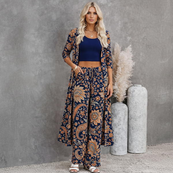 🌸 Women Floral Printed Spandex Shrug, Top & Pant – 3-Piece Co-Ord Set 🌸