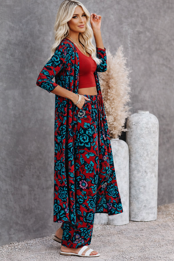 🌸 Women Floral Printed Spandex Shrug, Top & Pant – 3-Piece Co-Ord Set 🌸