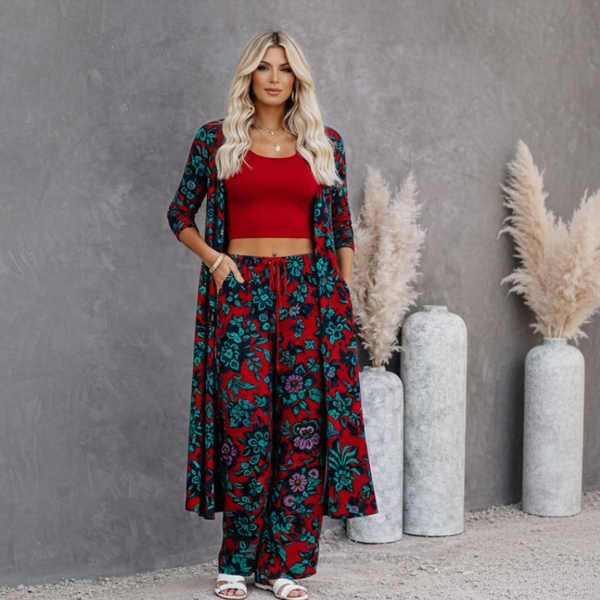 🌸 Women Floral Printed Spandex Shrug, Top & Pant – 3-Piece Co-Ord Set 🌸
