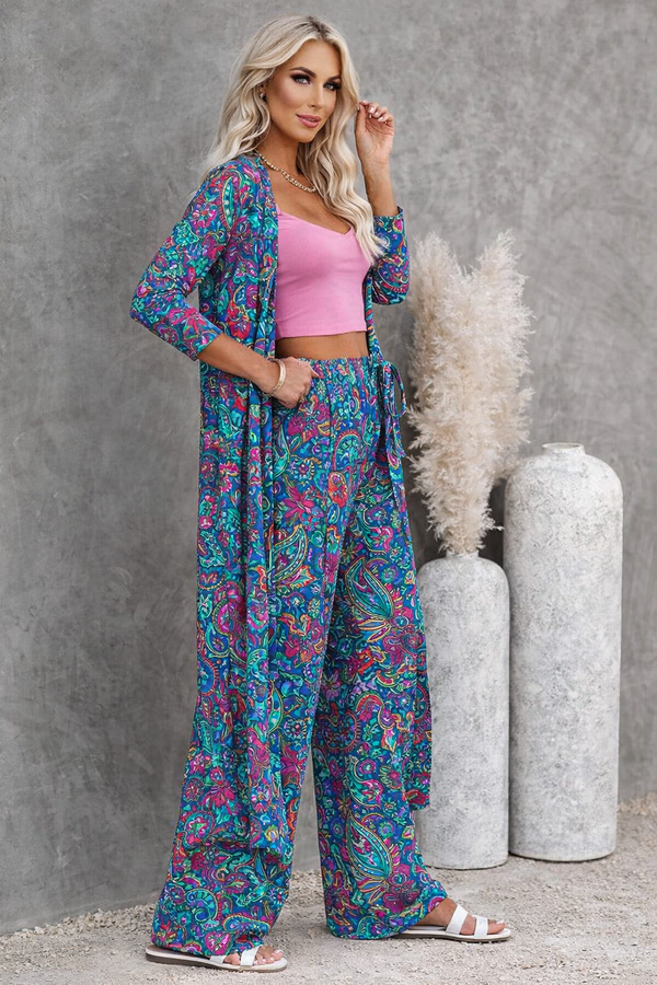 🌸 Women Floral Printed Spandex Shrug, Top & Pant – 3-Piece Co-Ord Set 🌸