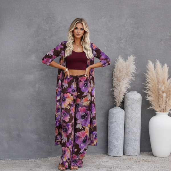 🌸 Women Floral Printed Spandex Shrug, Top & Pant – 3-Piece Co-Ord Set 🌸