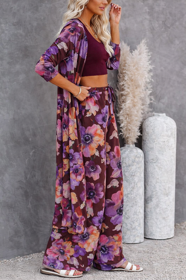 🌸 Women Floral Printed Spandex Shrug, Top & Pant – 3-Piece Co-Ord Set 🌸
