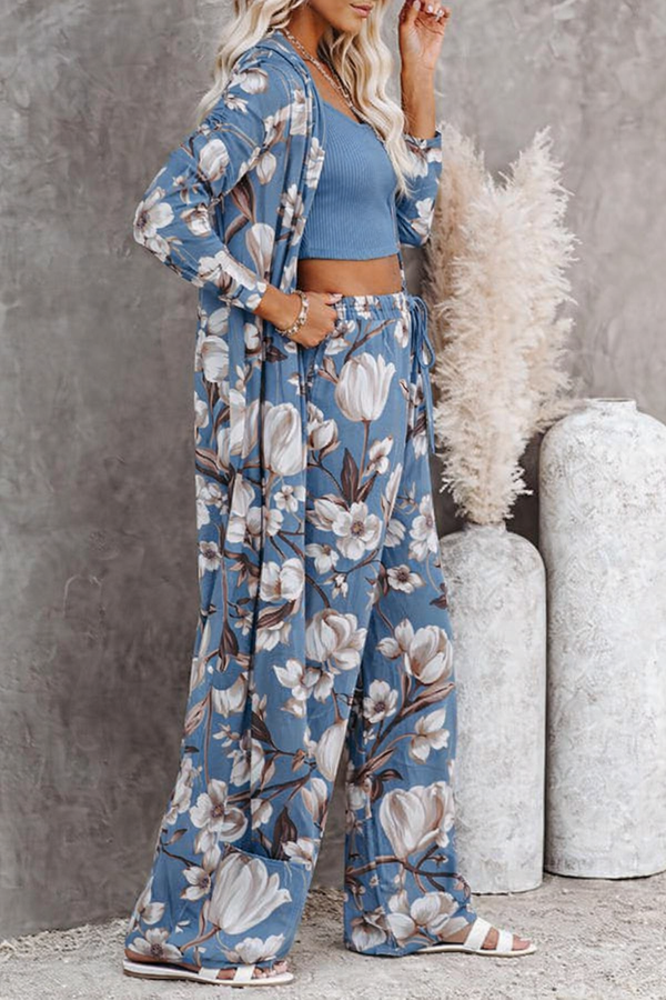 🌸 Women Floral Printed Spandex Shrug, Top & Pant – 3-Piece Co-Ord Set 🌸