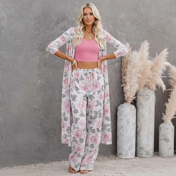 🌸 Women Floral Printed Spandex Shrug, Top & Pant – 3-Piece Co-Ord Set 🌸